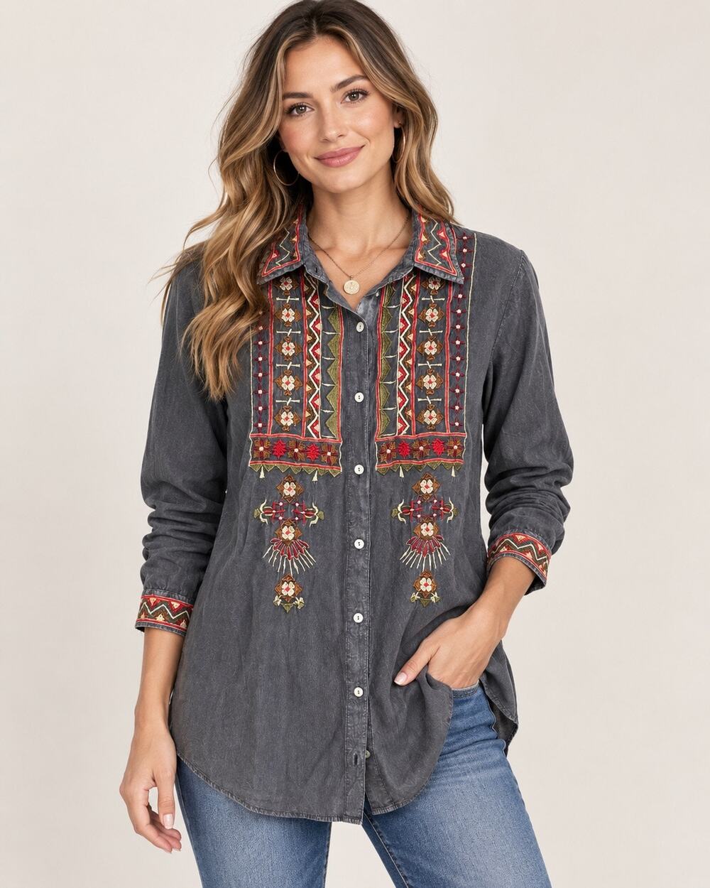 Scully Gray Embroidered Western Button Shirt Boho Cowgirl Tunic
